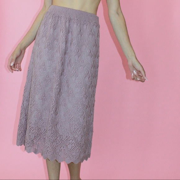 VTG 70s Open-Weave Lilac Crocheted Midi Skirt - 14 - Picture 5 of 9